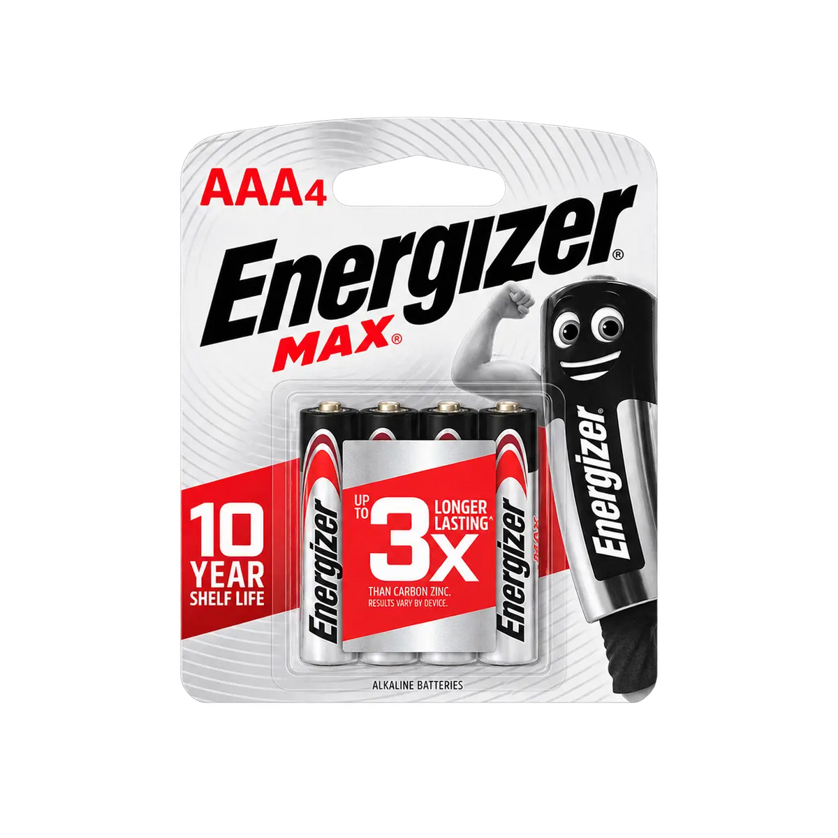 A retail blister pack of Energizer MAX AAA alkaline batteries on a plain white background. The package contains four batteries and includes a cartoon-style battery graphic on the right side of the card.
