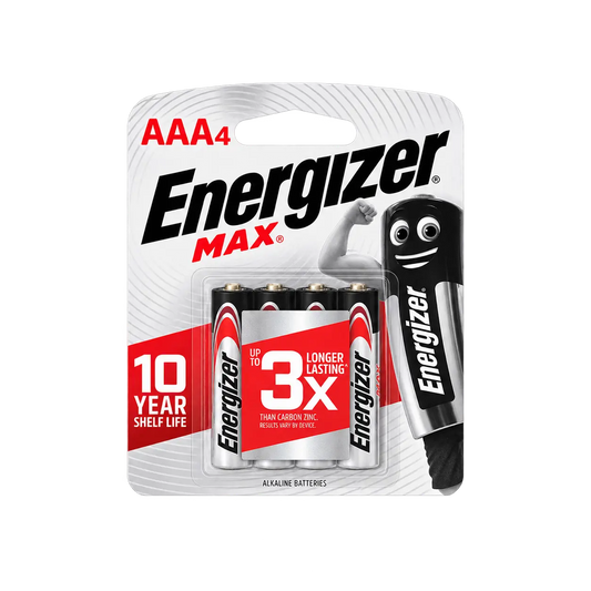 A retail blister pack of Energizer MAX AAA alkaline batteries on a plain white background. The package contains four batteries and includes a cartoon-style battery graphic on the right side of the card.