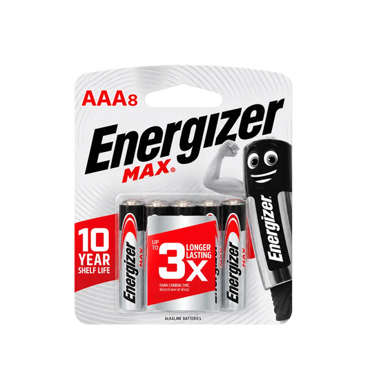 Energizer MAX AAA 8-pack battery blister card with four silver and red batteries visible and a black Energizer mascot battery shown outside the pack on a white background.
