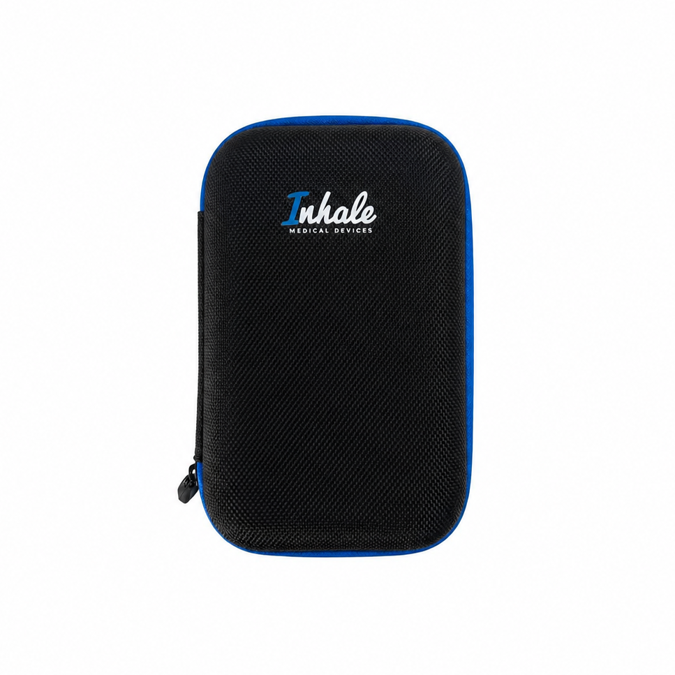 A black textured zippered carrying case with a blue border and a white and blue 'Inhale' logo on the front, shown against a plain white background.