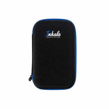 A black textured zippered carrying case with a blue border and a white and blue 'Inhale' logo on the front, shown against a plain white background.