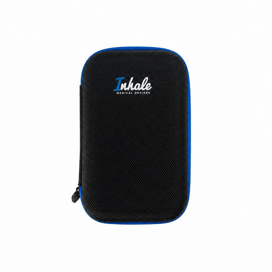 A black textured zippered carrying case with a blue border and a white and blue 'Inhale' logo on the front, shown against a plain white background.