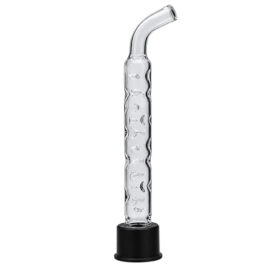 A clear glass water pipe with a wavy textured body, a curved top mouthpiece, and a black plastic base, shown on a solid white background.