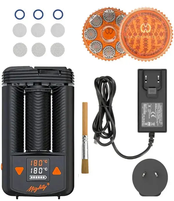 Mighty Plus Medic Vaping device with accessories including a power adapter, cables, magazines, screens, and filters on a white background.