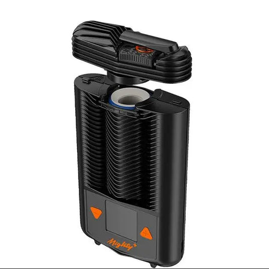 Mighty+ (PLUS) Medic Black vape device with 'Mighty' branding on a white background. Cooling device lifted