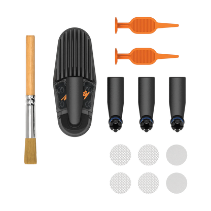 Mighty Plus Wear and Tear accessory set including a black cooling unit, brush, screens, and multiple nozzles on a white background. Top View.